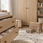 Chambres completes bebe : chambre bébé blanche et bois clair, commode à langer et lit