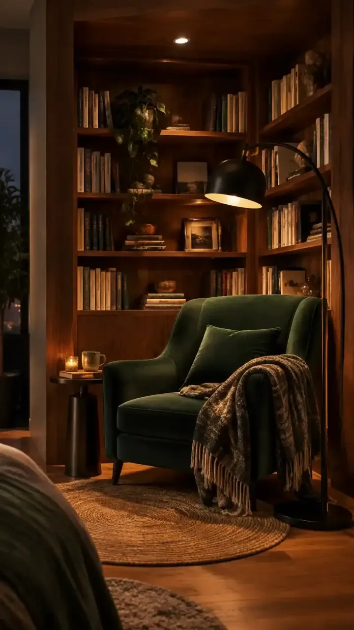 Coin lecture avec bibliothèque en bois, fauteuil vert et lampe