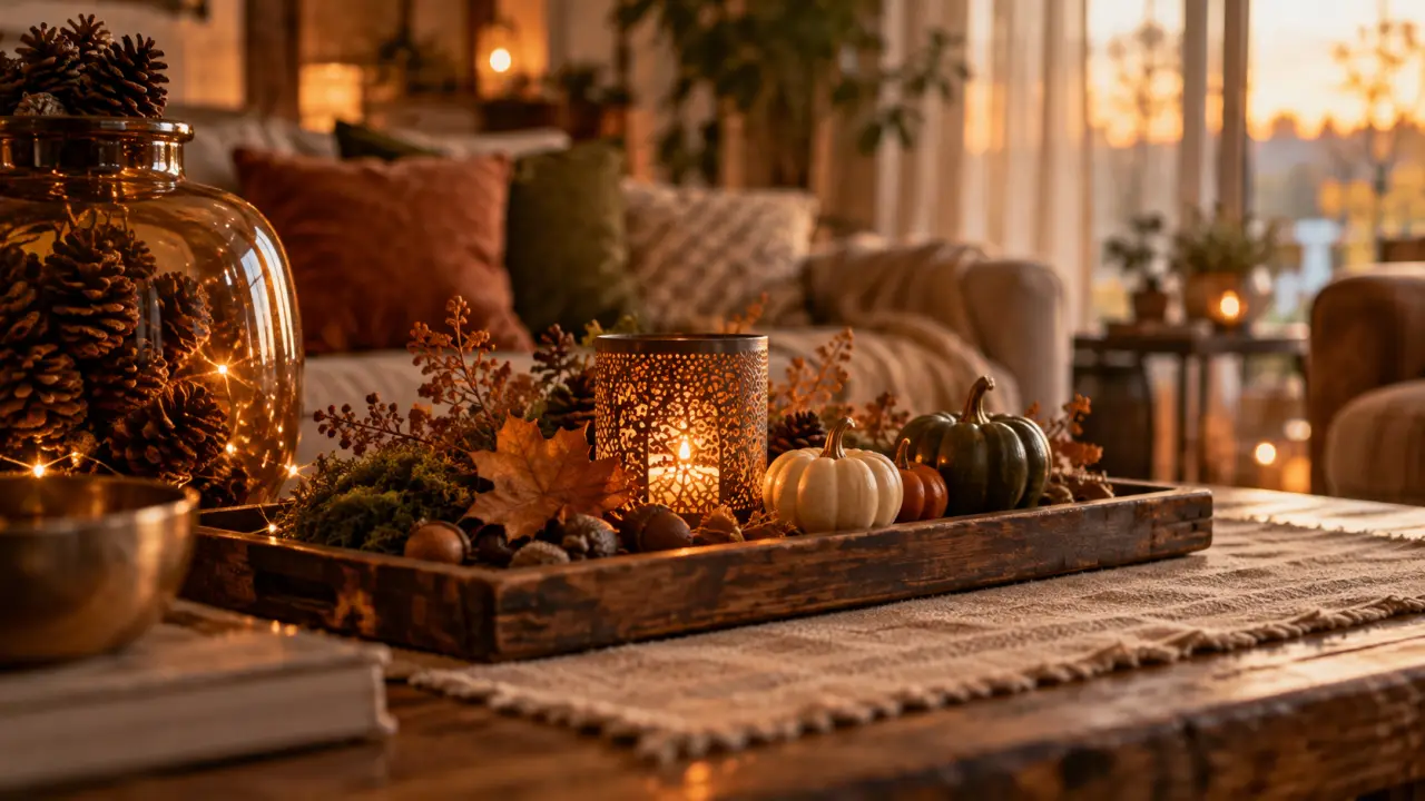 Décoration automne : table d’automne avec mini-citrouilles et photophore