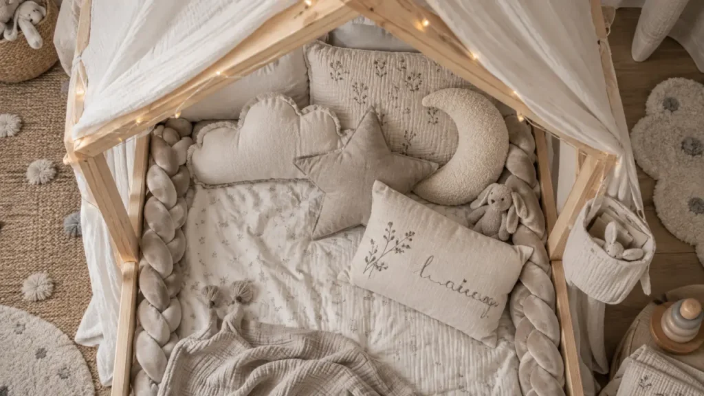 Decoration lit cabane : lit cabane apaisant pour enfant, textile double gaze