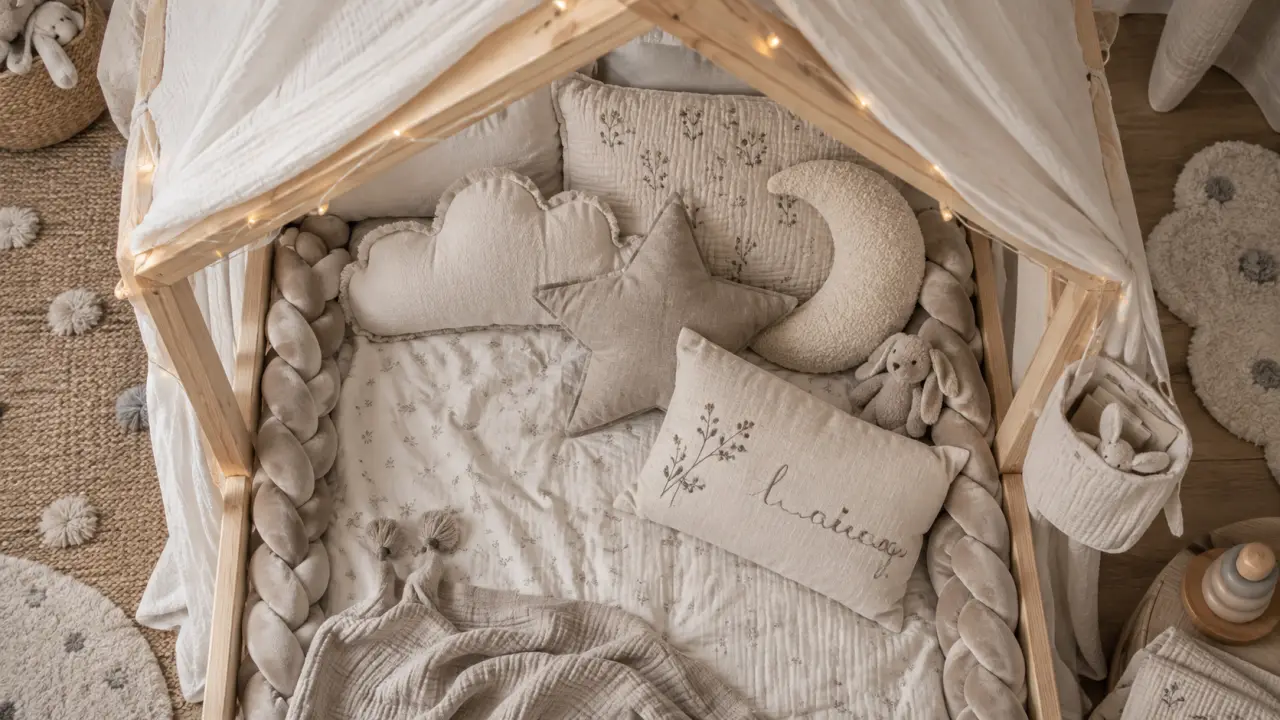 Decoration lit cabane : lit cabane apaisant pour enfant, textile double gaze