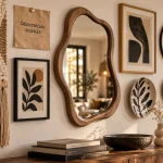 Décoration murale originale : miroir sculptural et cadres noirs et bois