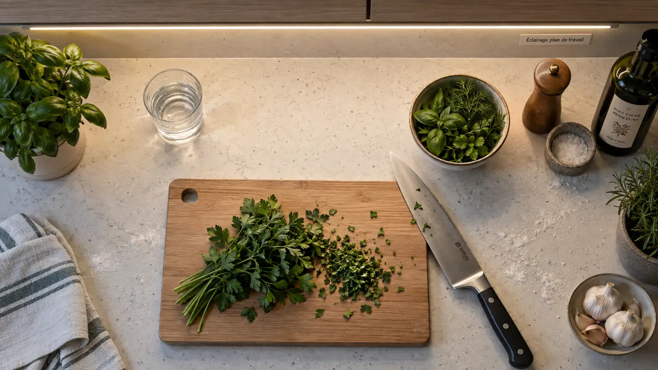 Eclairage plan de travail cuisine LED sans ombres sur plan quartz