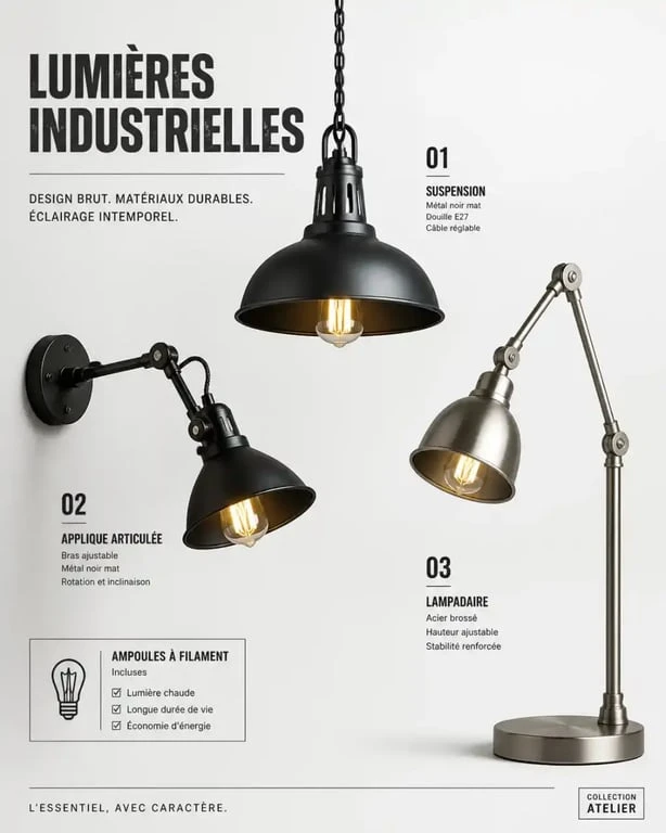 Sélection de lampes industrielles : suspension, applique et lampadaire pour décoration intérieure
