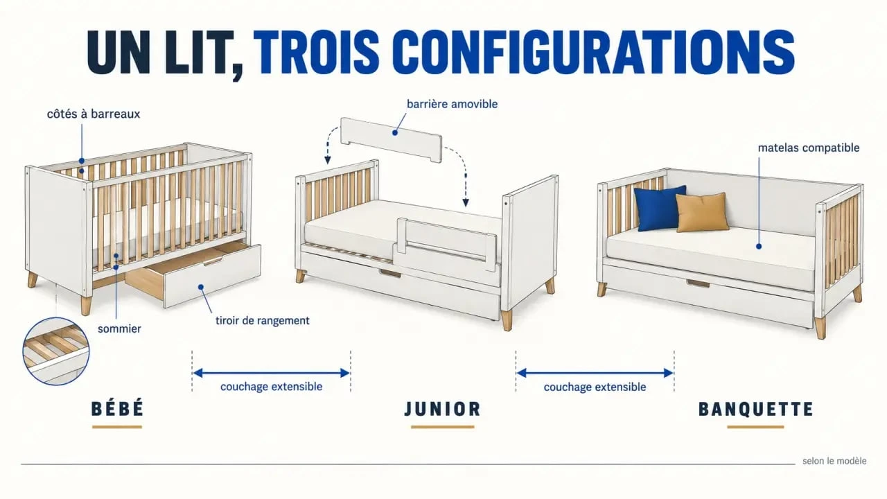 Lit évolutif montrant ses transformations de bébé à lit junior