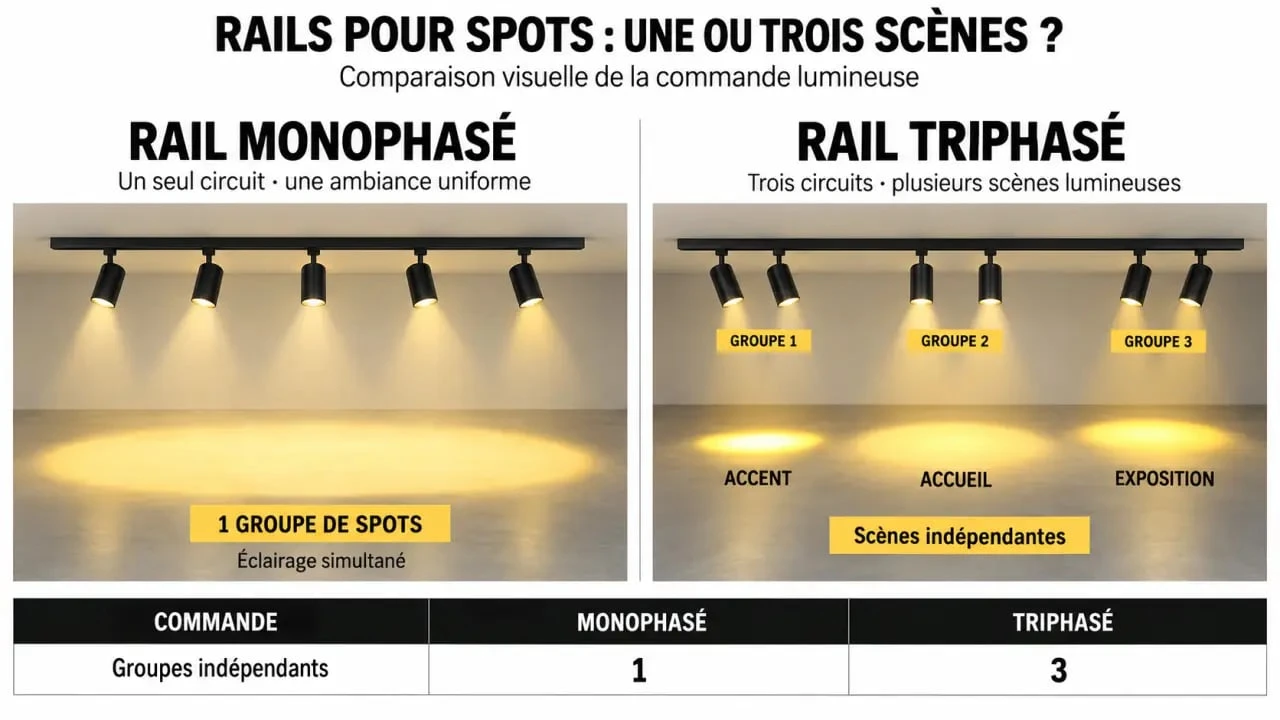 Infographie comparative des spots sur rail monophasé et triphasé