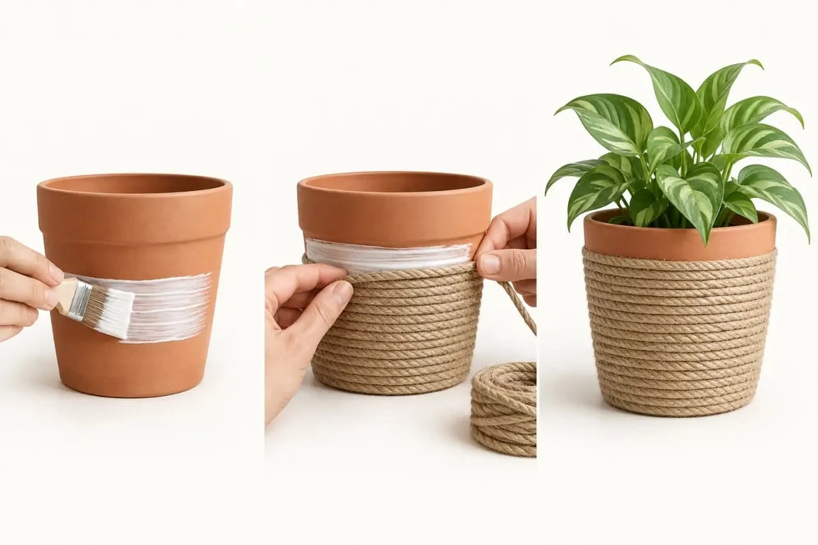 Déco fait maison facile : cache-pot en corde fabriqué avec un ancien pot