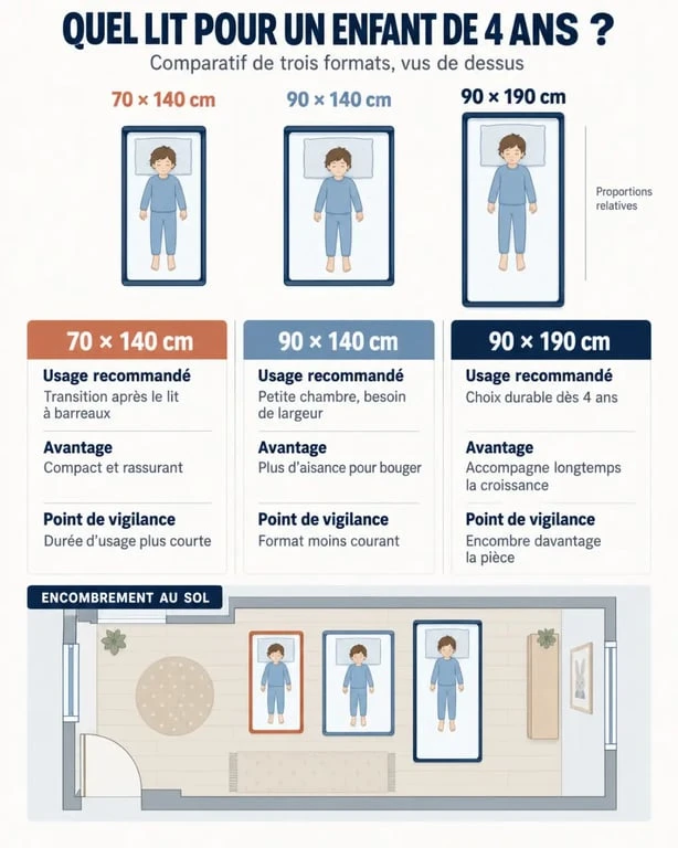 Infographie des formats de lit enfant 4 ans : 70×140, 90×140 et 90×190 cm