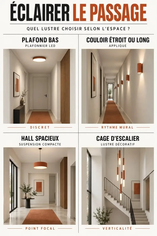 Infographie comparative des solutions de lustre couloir selon la configuration de l’espace