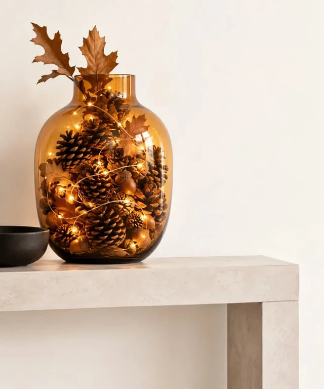 Décoration automne avec vase lumineux, pommes de pin et guirlande LED