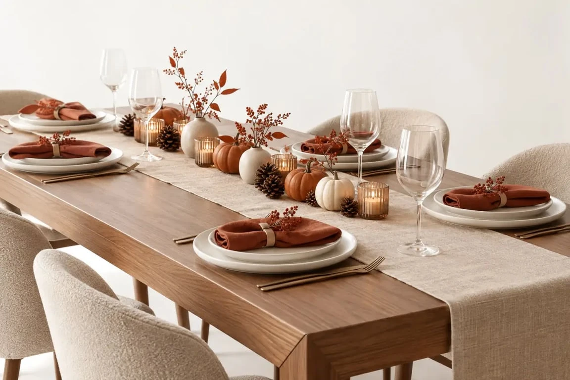 Décoration automne élégante pour une table avec mini-citrouilles et photophores