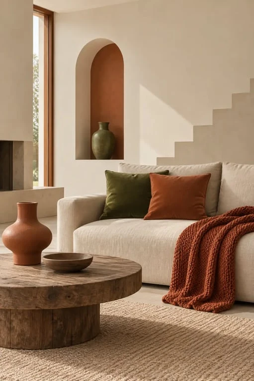 Décoration automne chaleureuse dans un salon aux tons terre et aux matières naturelles