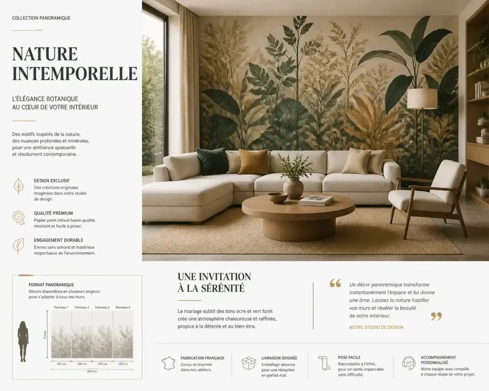 Papier peint tendance 2026 panoramique avec motif botanique dans un salon moderne