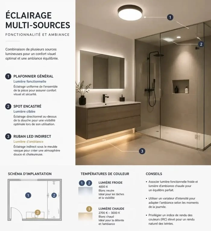Éclairage salle de bain multi-sources plafonnier spot et LED indirecte