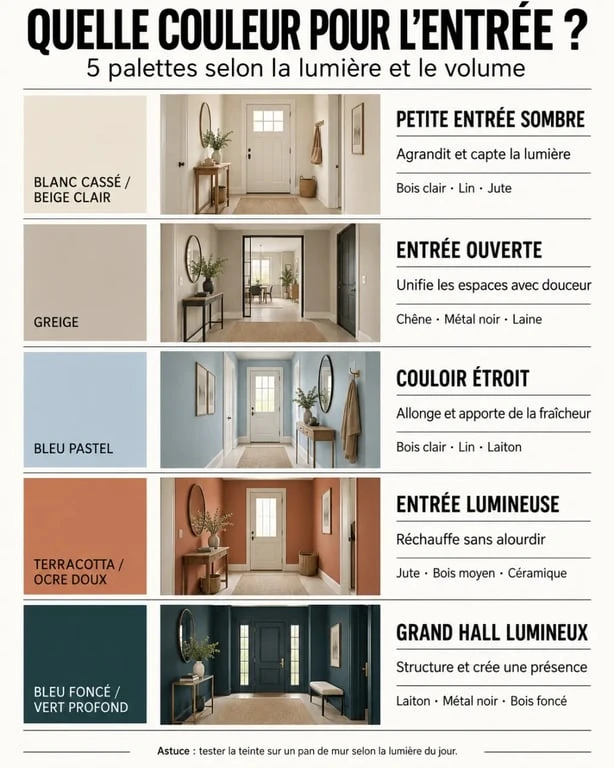 Tendance couleur pour une entrée accueillante : cinq palettes selon la lumière et la configuration du hall