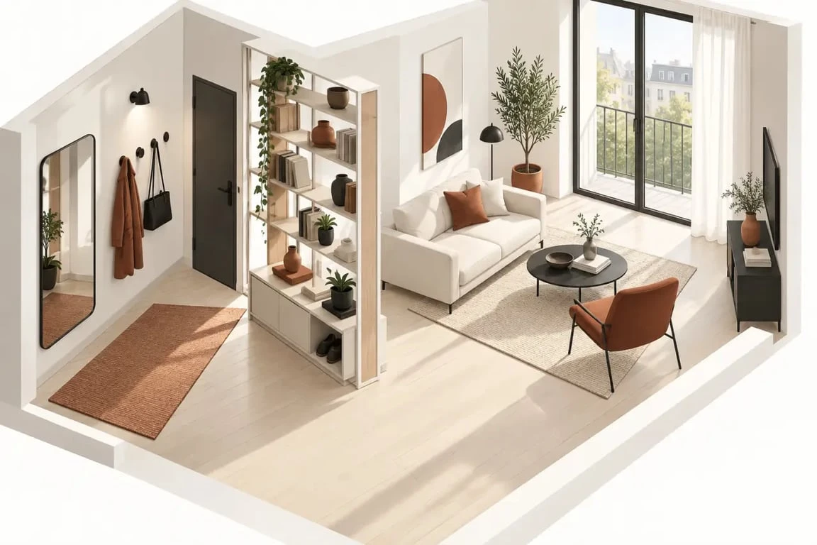 Idée de séparation entre entrée et salon dans un petit espace avec meuble ouvert, tapis et miroir