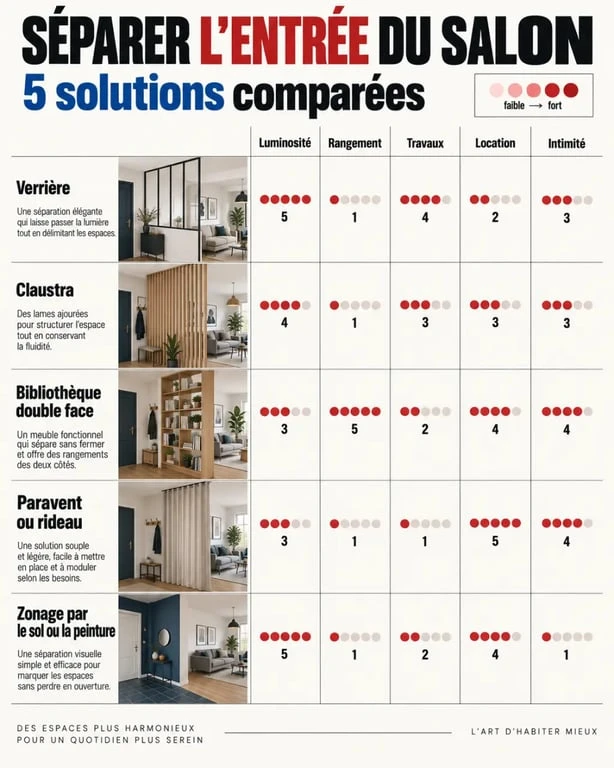 Infographie des solutions pour une idee separation entree salon : verrière, claustra, meuble, paravent et changement de sol