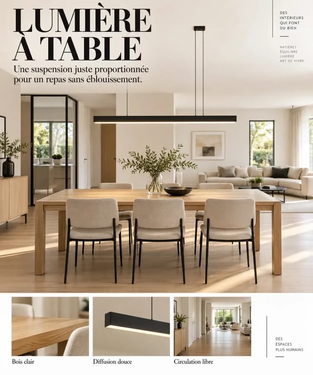 Suspension salle à manger linéaire au-dessus d’une table rectangulaire dans un intérieur contemporain