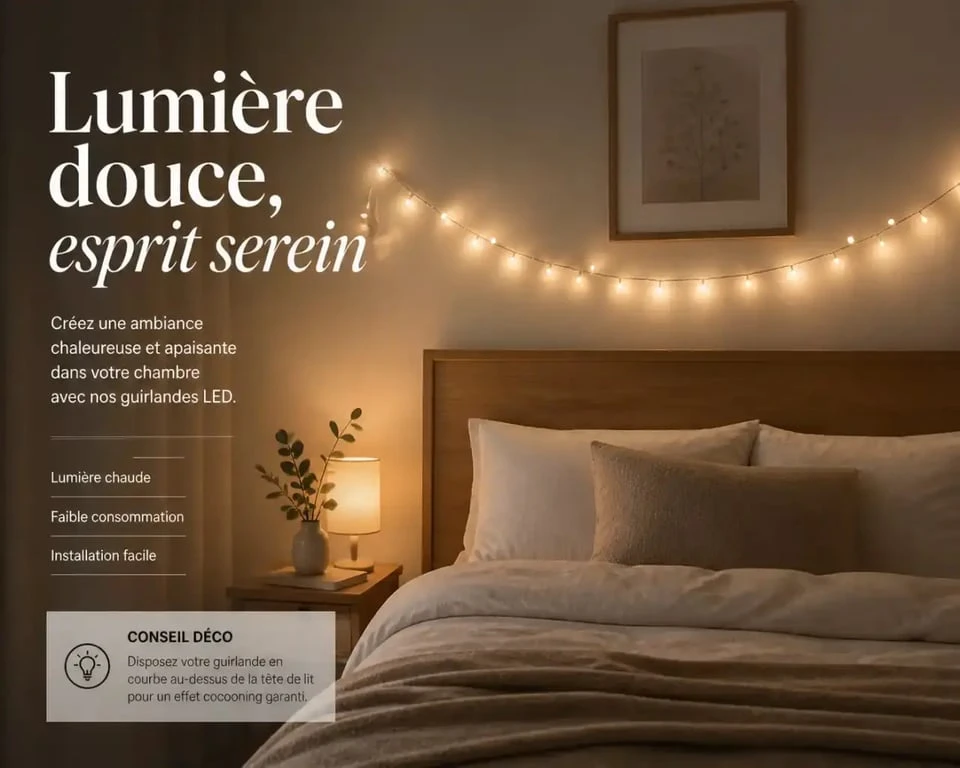 Guirlande chambre lumineuse installée au-dessus d'un lit pour une ambiance cosy