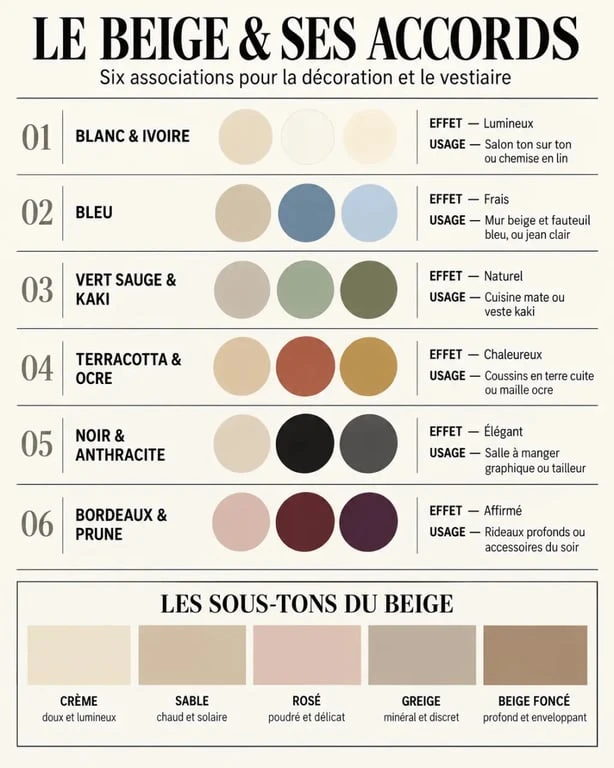 Infographie des couleur qui vas avec le beige : bleu, vert sauge, terracotta, noir, blanc et bordeaux