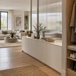 Idée separation entrée salon : séparation vitrée et meuble bas, salon lumineux
