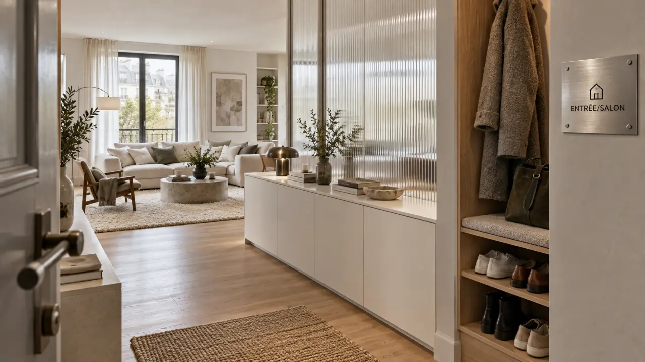 Idée separation entrée salon : séparation vitrée et meuble bas, salon lumineux