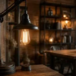 Lampes industrielles dans un loft : suspension métal noir et ampoule Edison