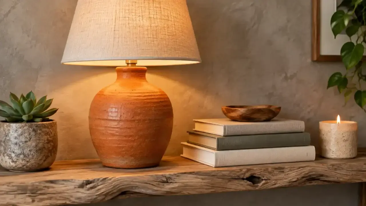Lampe en terre cuite, livres et plantes sur une étagère