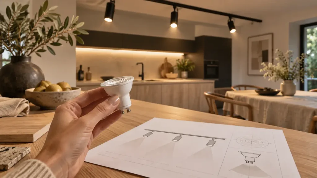 Spots sur rail éclairant plan de travail et table en cuisine moderne