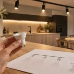 Spots sur rail éclairant plan de travail et table en cuisine moderne