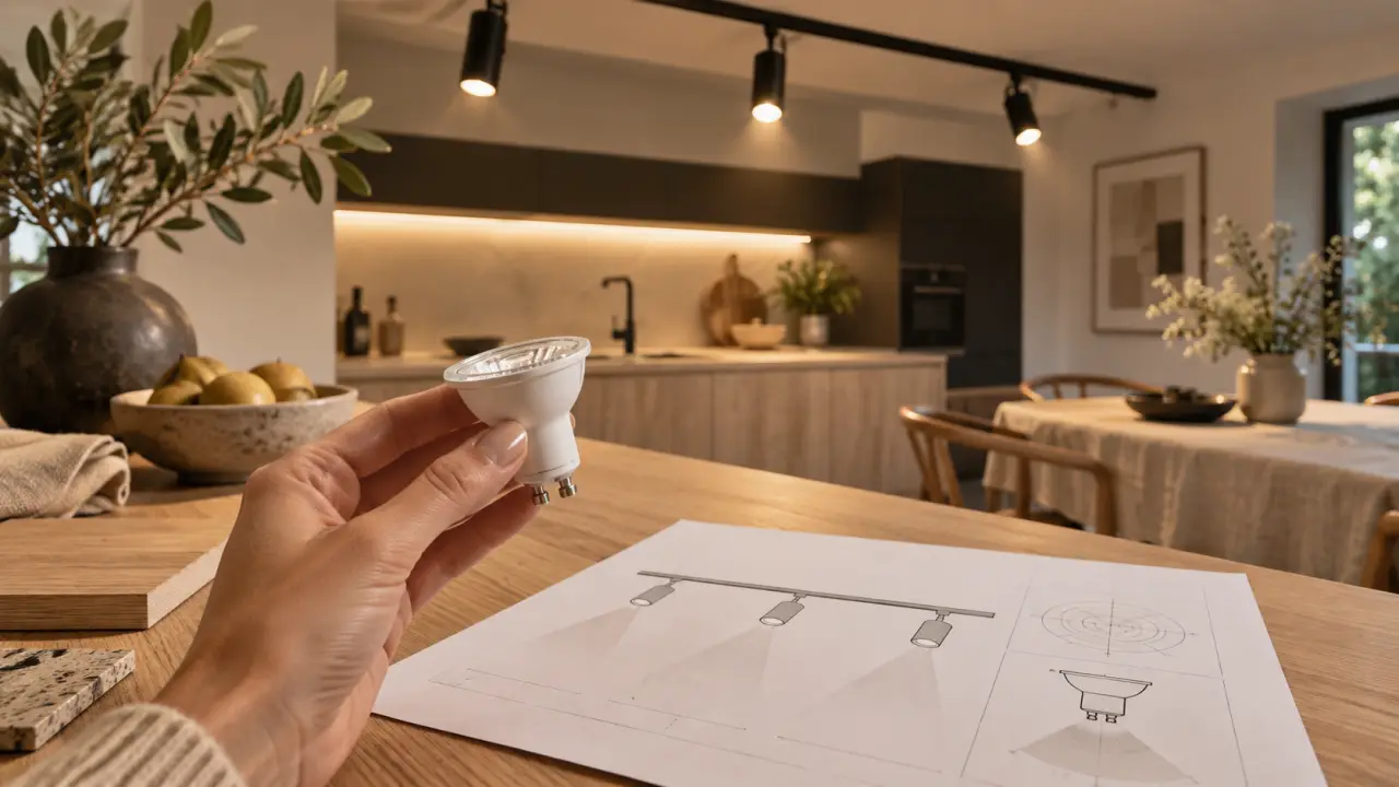 Spots sur rail éclairant plan de travail et table en cuisine moderne