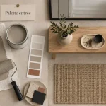 Tendance couleur pour une entrée accueillante : palette greige, échantillons de peinture et rouleau