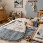 Chambre bebe ours polaire, gigoteuse et affiche ours polaire sur mur blanc cassé