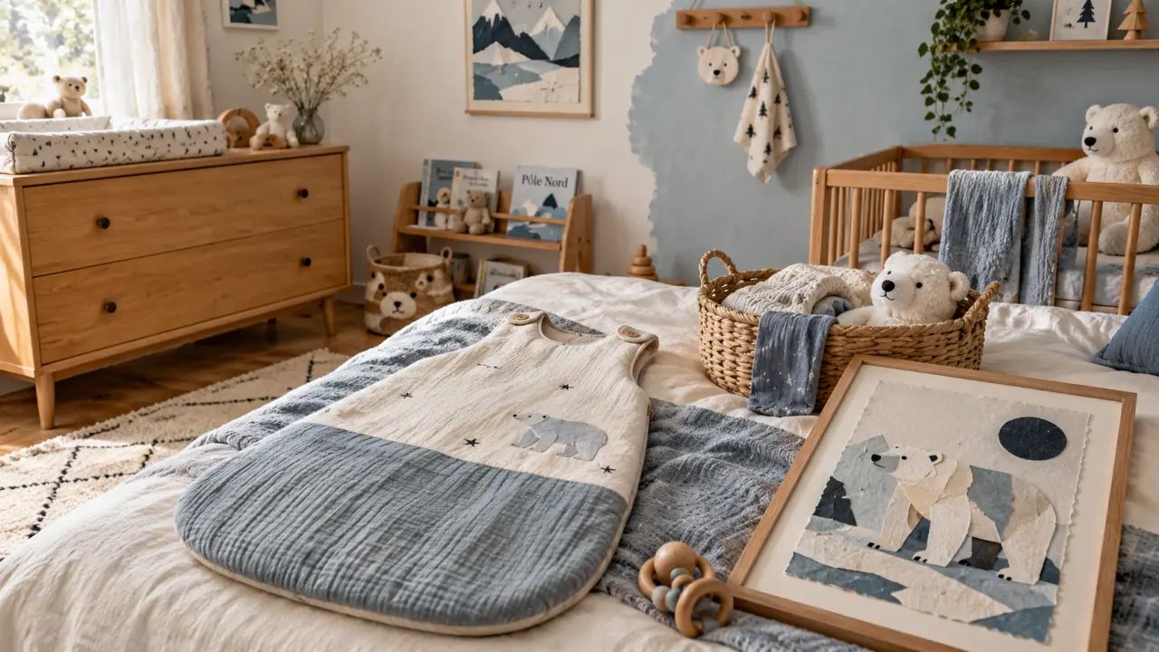 Chambre bebe ours polaire, gigoteuse et affiche ours polaire sur mur blanc cassé