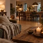 Déco maison de famille : salon ancien et contemporain, table en bois et coussins en lin