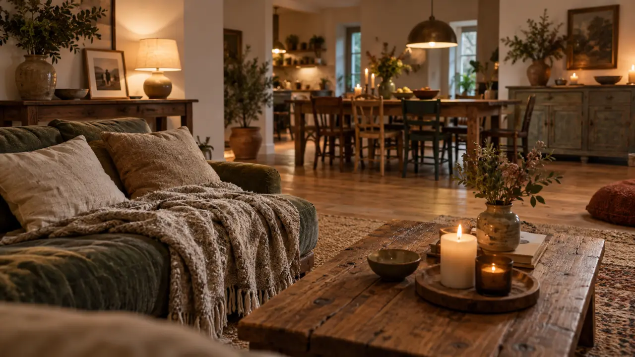 Déco maison de famille : salon ancien et contemporain, table en bois et coussins en lin
