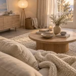 Déco scandinave cocooning : salon beige sable, tapis laine et bois clair