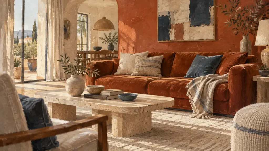La terracotta réchauffe le salon sans l’assombrir, à condition de bien doser les surfaces