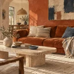 Décoration terracotta salon lumineux avec canapé rouille et tapis écru