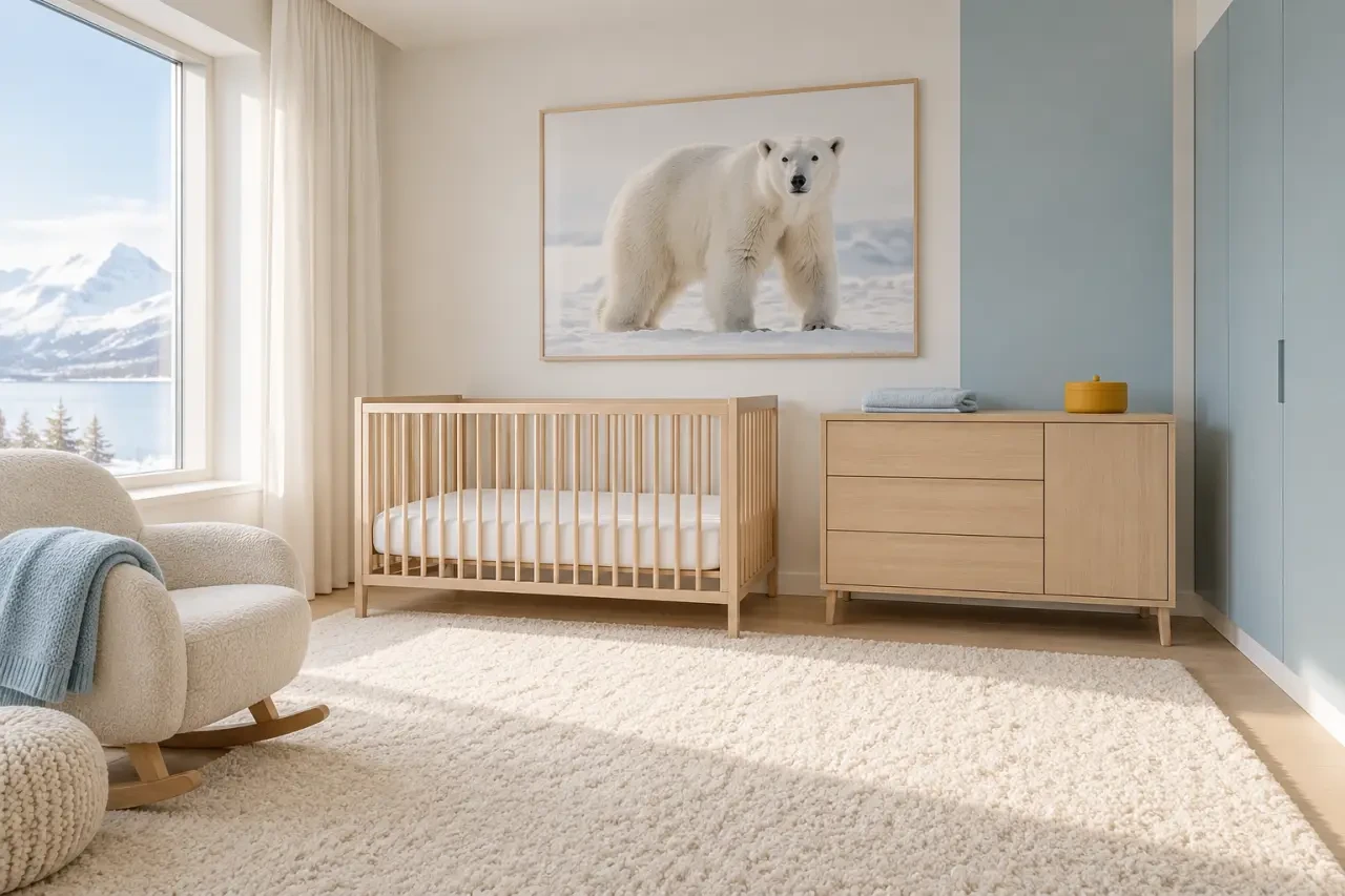 Chambre bébé ours polaire avec palette blanc cassé, bleu glacier et bois clair