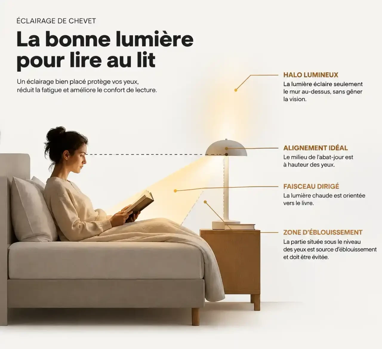 Lampe de chevet blanche : hauteur idéale du milieu de l'abat-jour à hauteur des yeux pour lire au lit