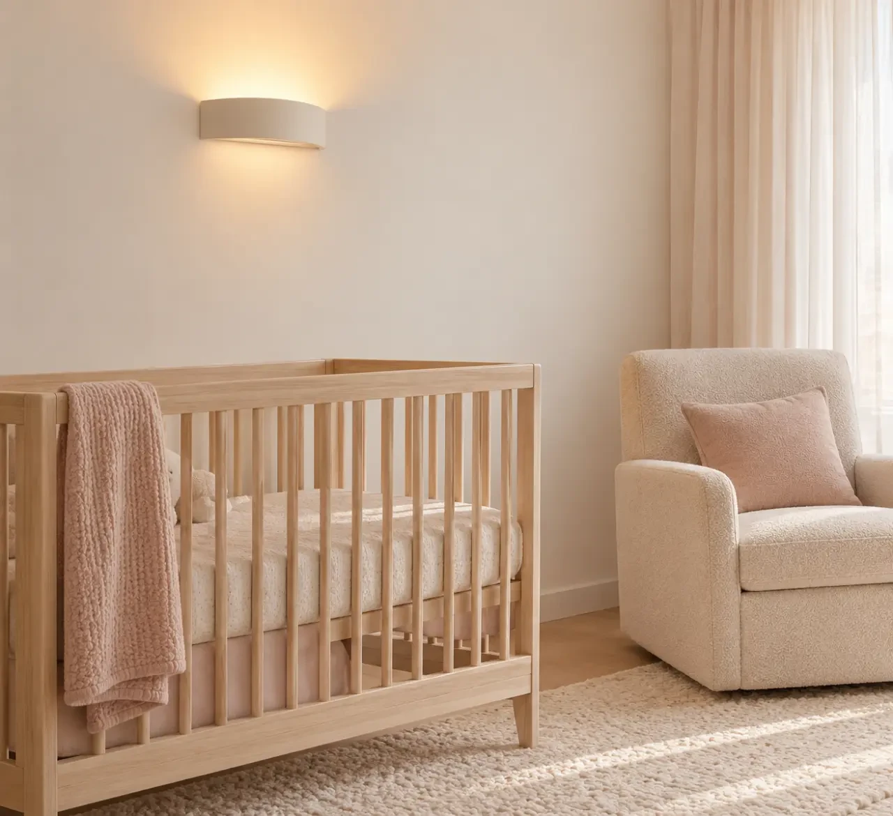 Applique chambre bébé diffusant une lumière douce vers le mur près d’un fauteuil