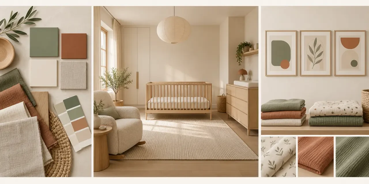 Chambre de bébé mixte et neutre avec palette vert sauge, bois clair et textiles naturels