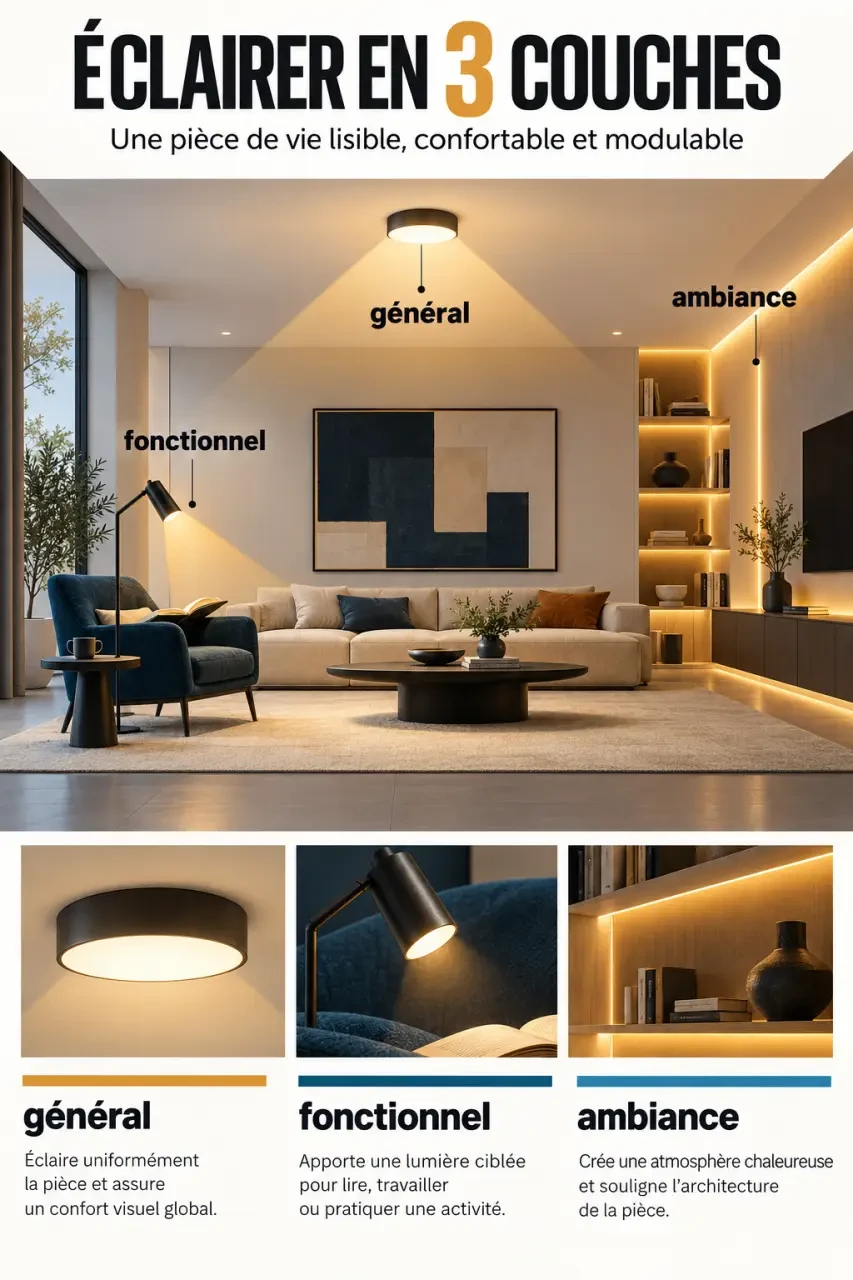 Infographie sur les trois couches de l'éclairage intérieur dans un salon