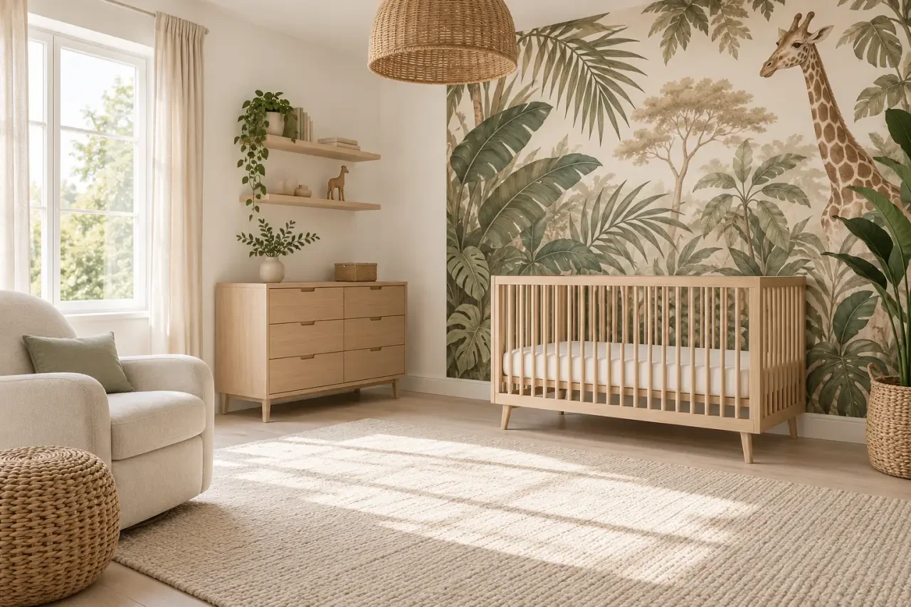 Chambre bébé safari de style jungle végétale avec feuillages et mobilier sobre