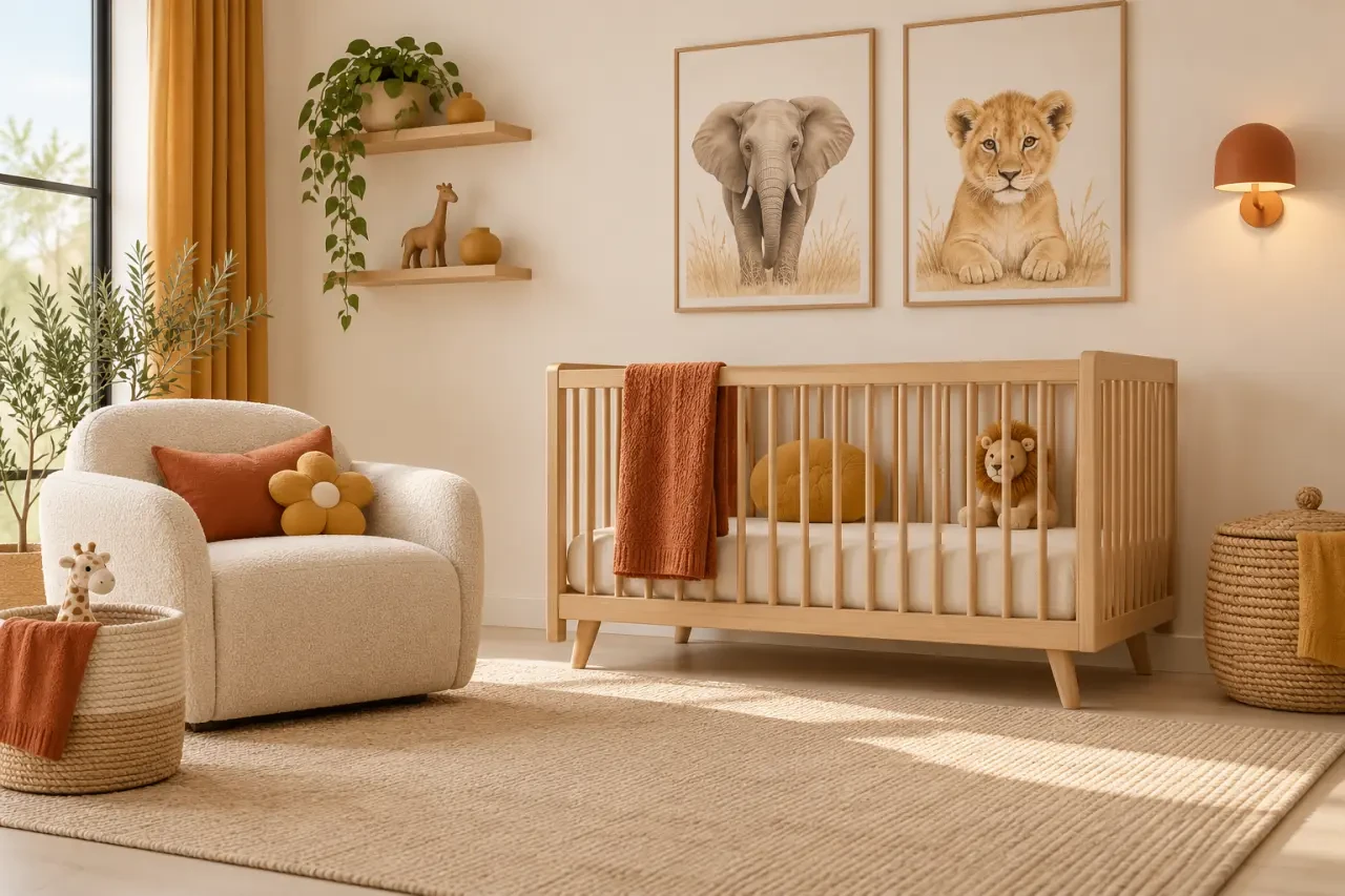 Chambre bébé safari illustrée avec affiches d’animaux et accessoires coordonnés