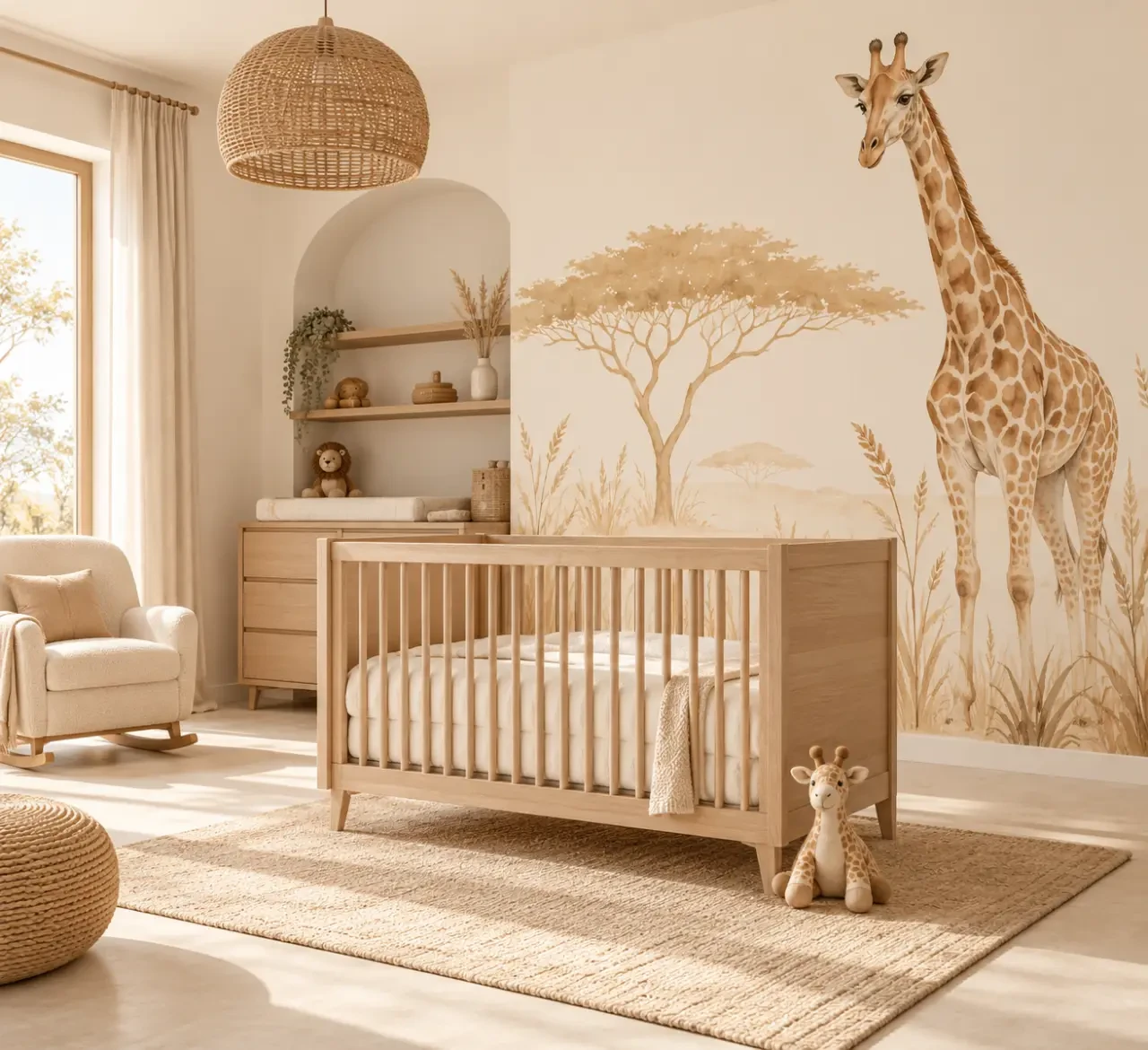 Chambre bébé safari dans une ambiance savane douce avec girafe et bois clair