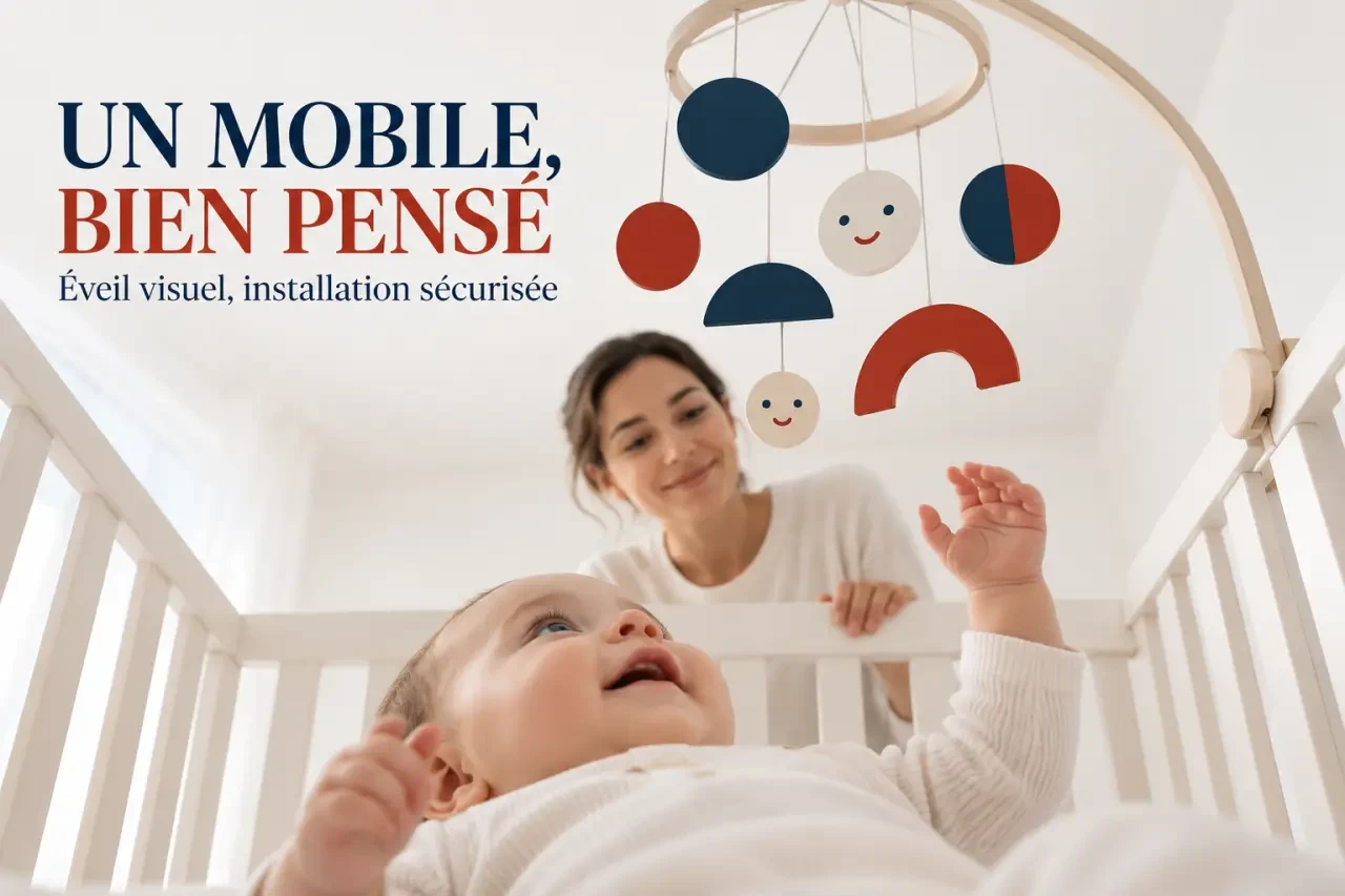 Mobile bébé original vu depuis le dessous du lit et installé hors de portée