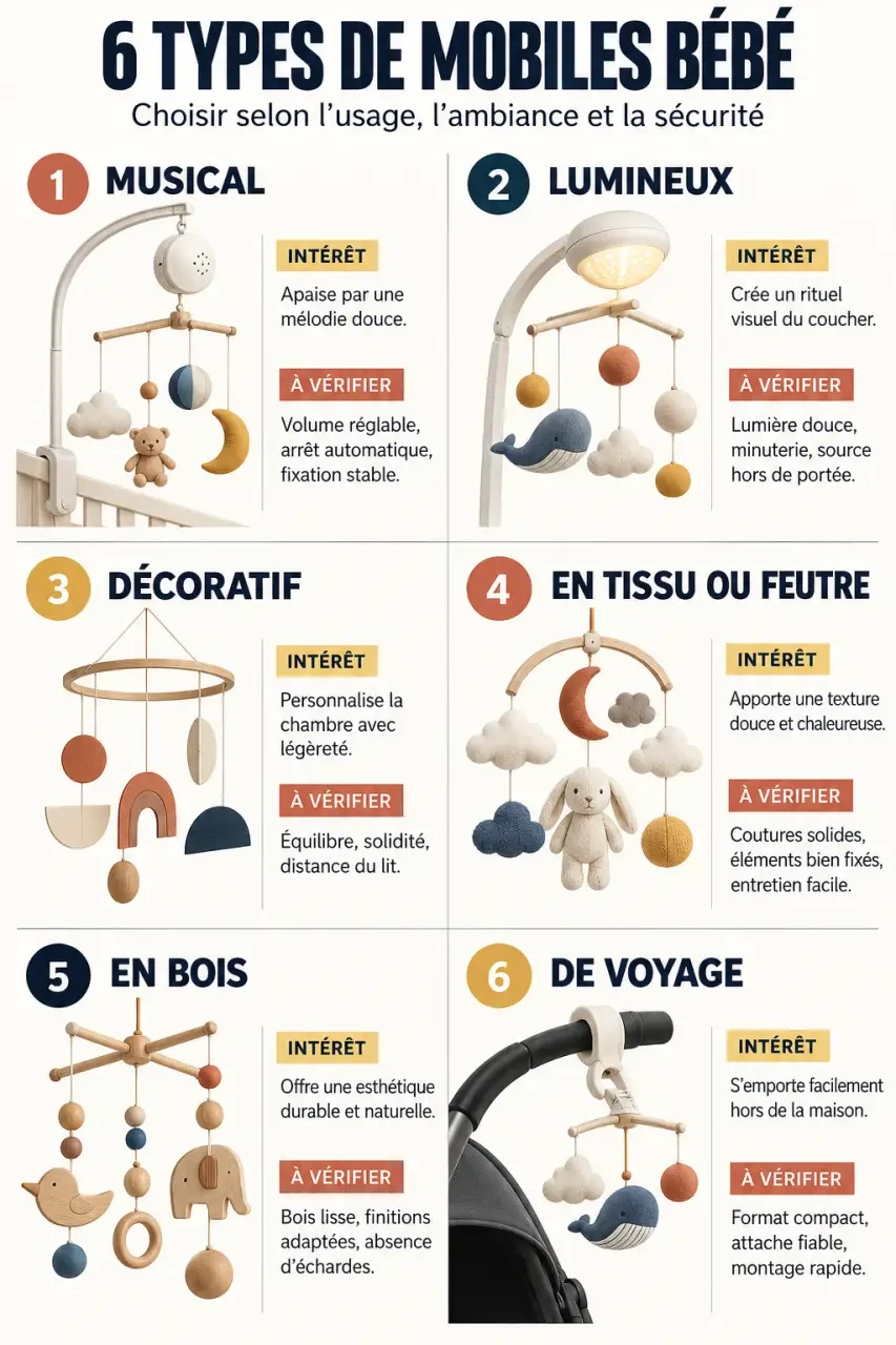 Infographie des types de mobile bébé original musicaux, lumineux, en tissu, en bois et de voyage