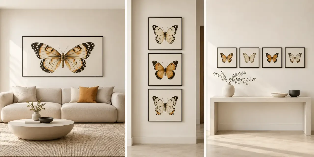 Tableau papillon horizontal, vertical et en composition murale dans différentes pièces